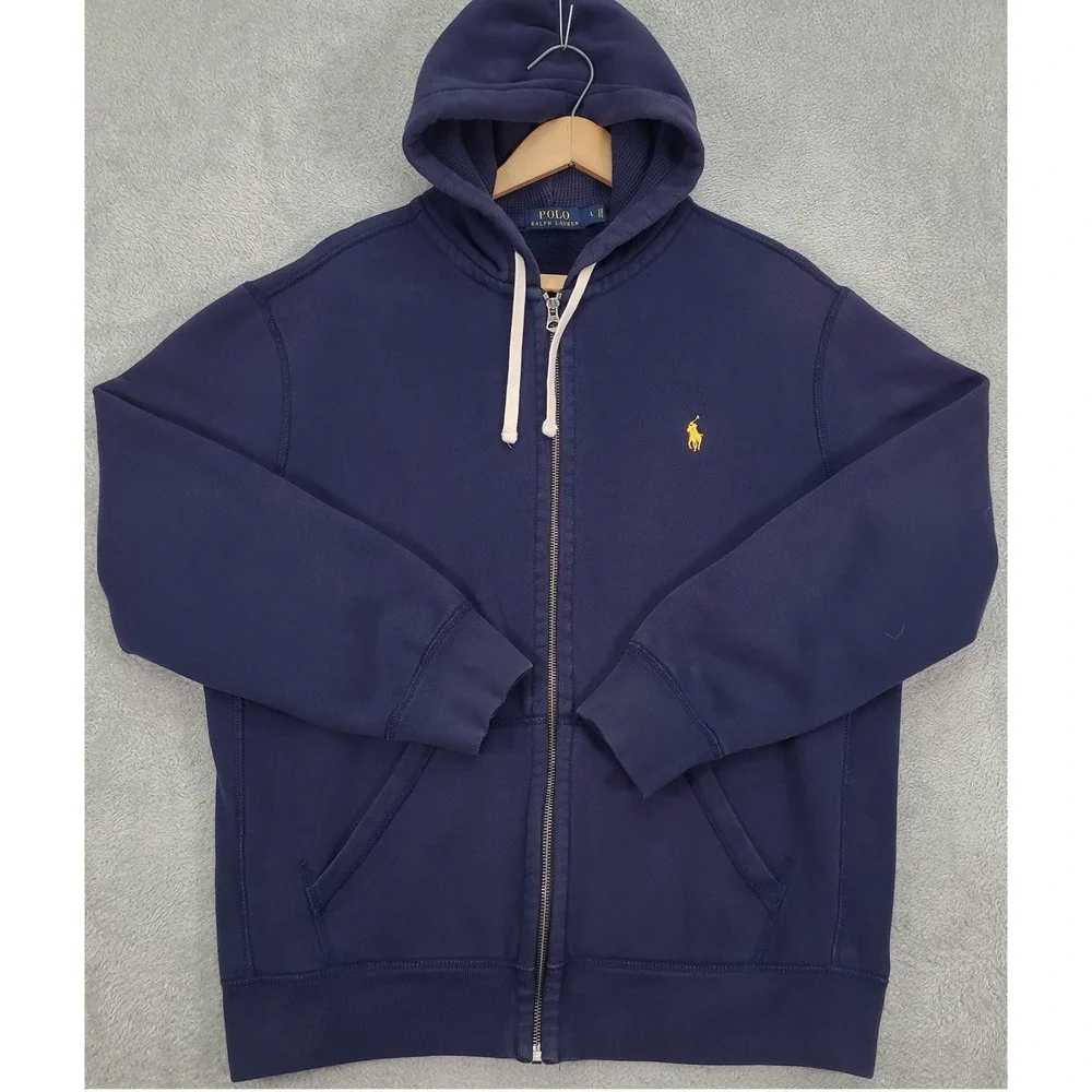 Polo Ralph Lauren Mens Sz Lg Heavy Weight Blue Full Zip Hoodie Yellow Pony Logo